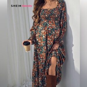 SHEIN Maternity Floral Smocked Maxi Dress – Boho Fall Style